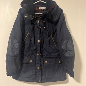 H&M navy blue utility winter jacket with a plaid lining, quilted elbow patches